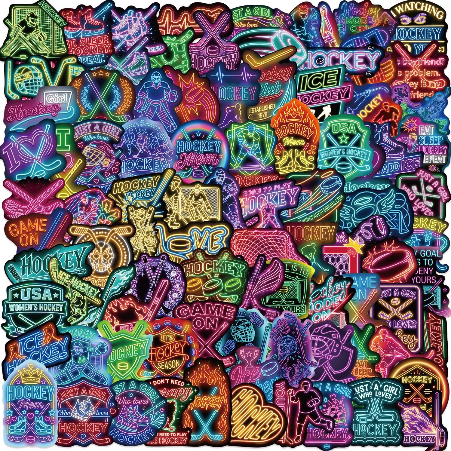Pack of 100 Neon Ice Hockey Sports Vinyl Stickers Waterproof Self-Adhesive