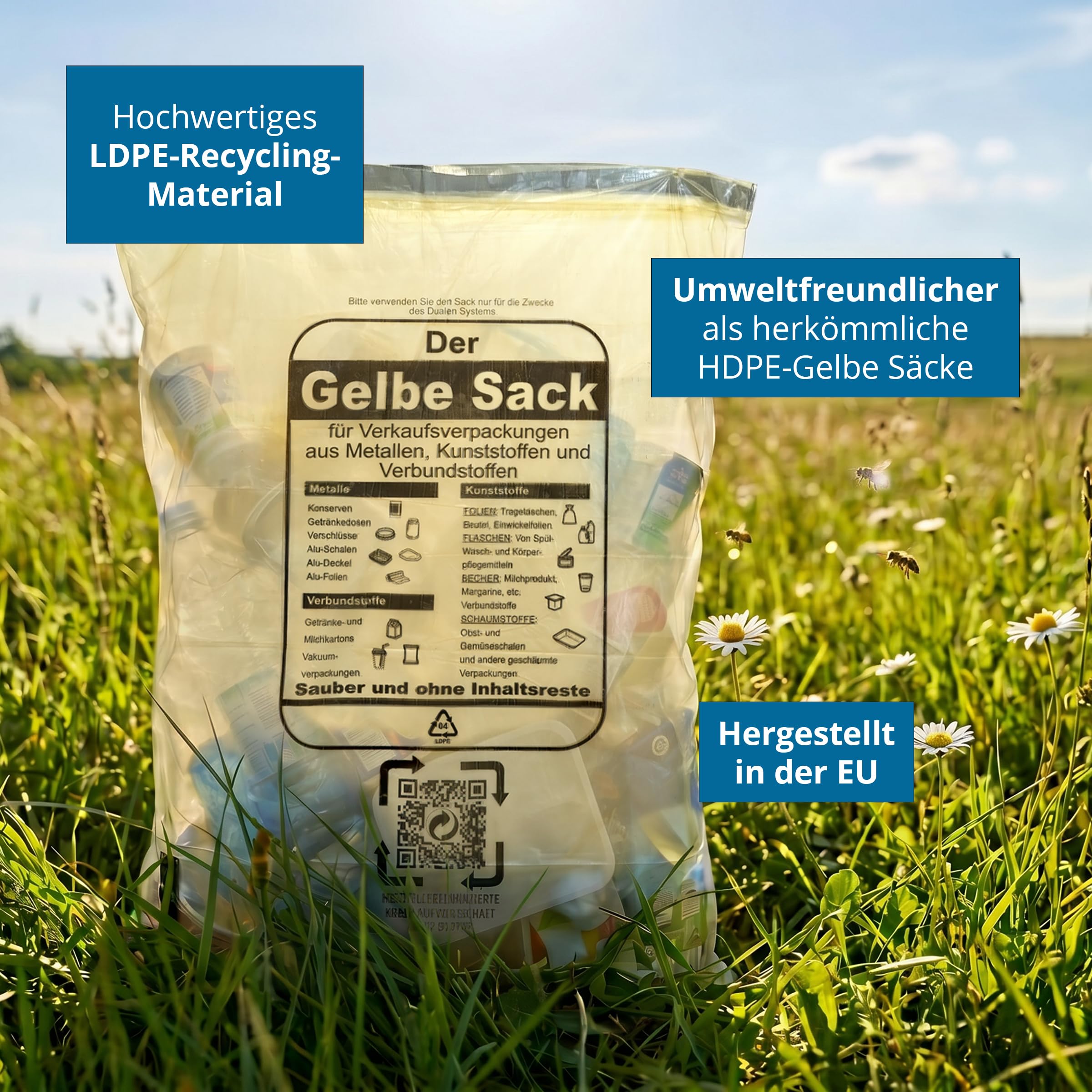 130 Gelbe Säcke (10x13) – 22 µ, Reißfest & Elastisch, 98% Recycling-LDPE, Nachhaltig, Hergestellt in der EU, Strapazierfähig für Plastikmüll & Recycling