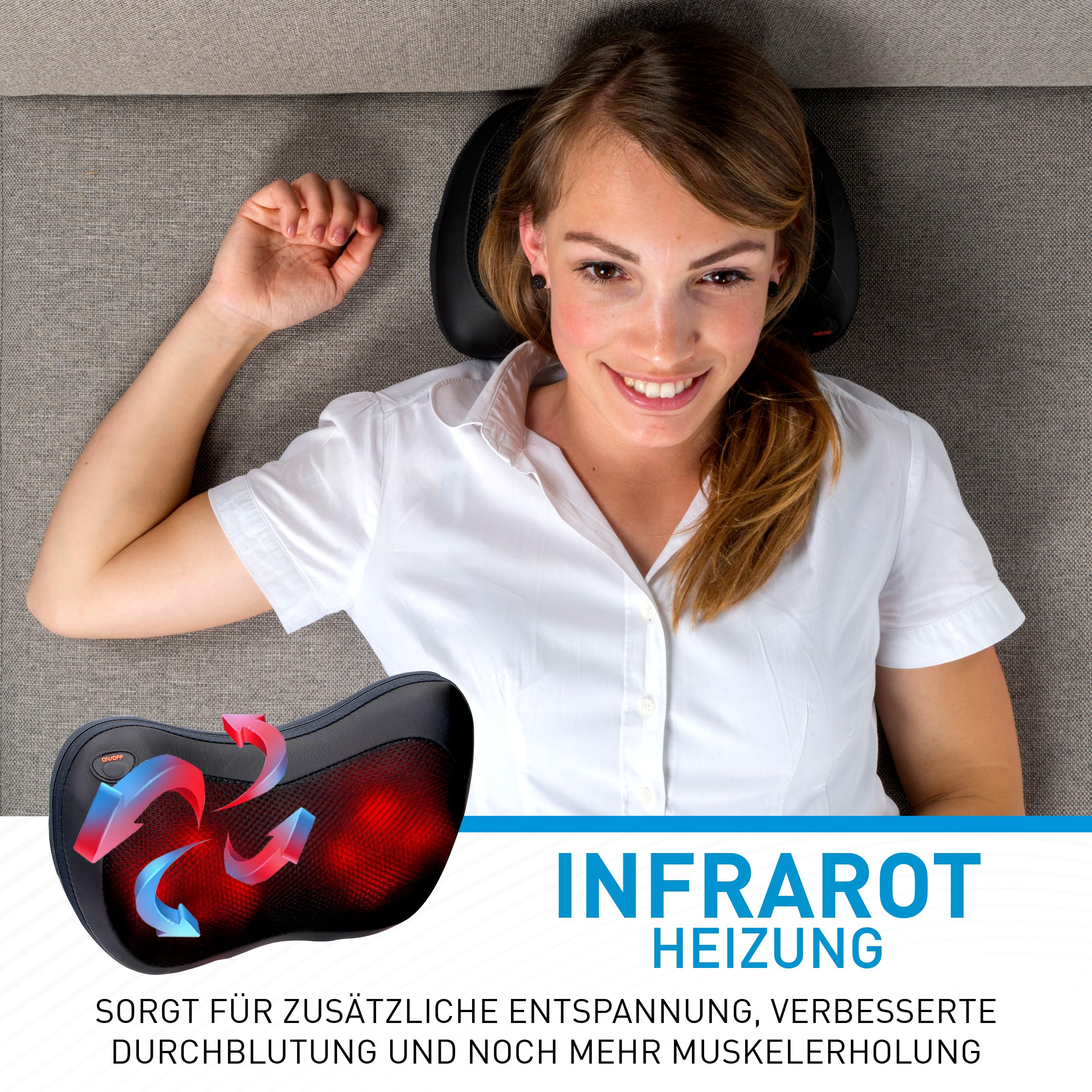 Grundig Massagegerät - Massagekissen zur Linderung von Muskelschmerzen - Rückenmassagegerät mit 4 Massageköpfen und Infrarot-Heizung - mit 2 Steckern (inkl. Autostecker) - Schwarz