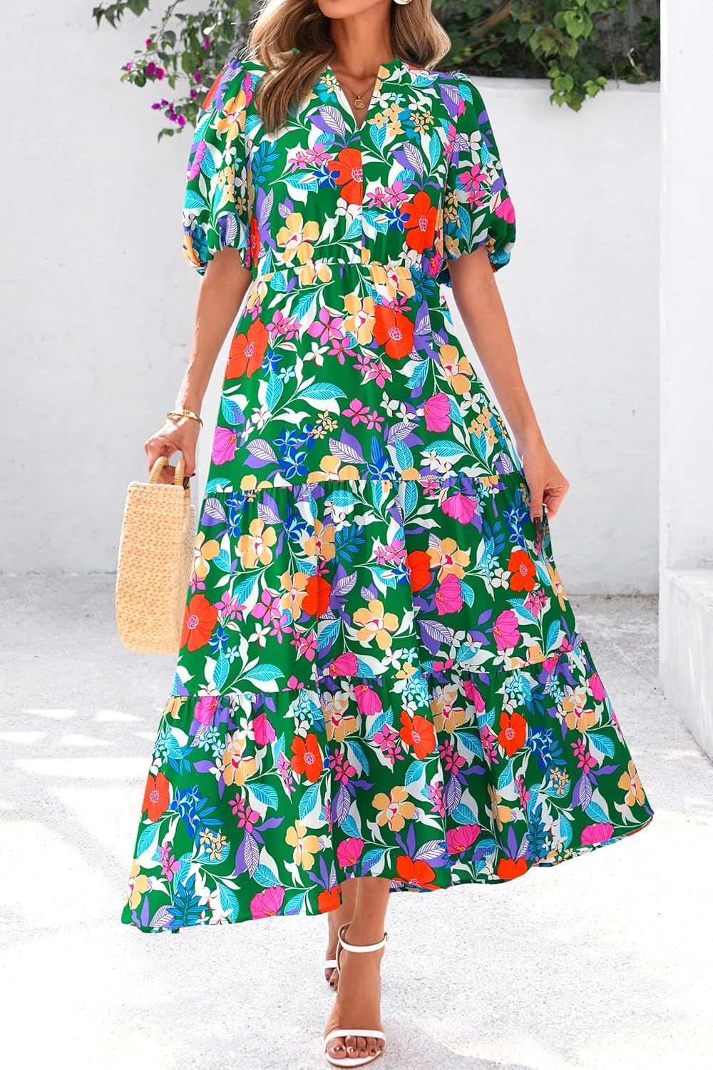 dowerme Womens Summer Dresses 2026 Casual Puff Short Sleeve V Neck Floral Boho Tiered Ruffle Maxi Dress with Pockets - Image 7