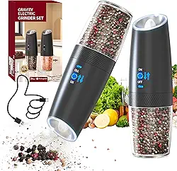 Kit 2 Moedor de Pimenta e Sal Elétrico Automático, Sensor por Inclinação, Operação com Uma Mão, Luz LED, Carregamento por Tipo-C, Ajuste de Moagem, 135ml, Preto, para Cozinha e Churrasco