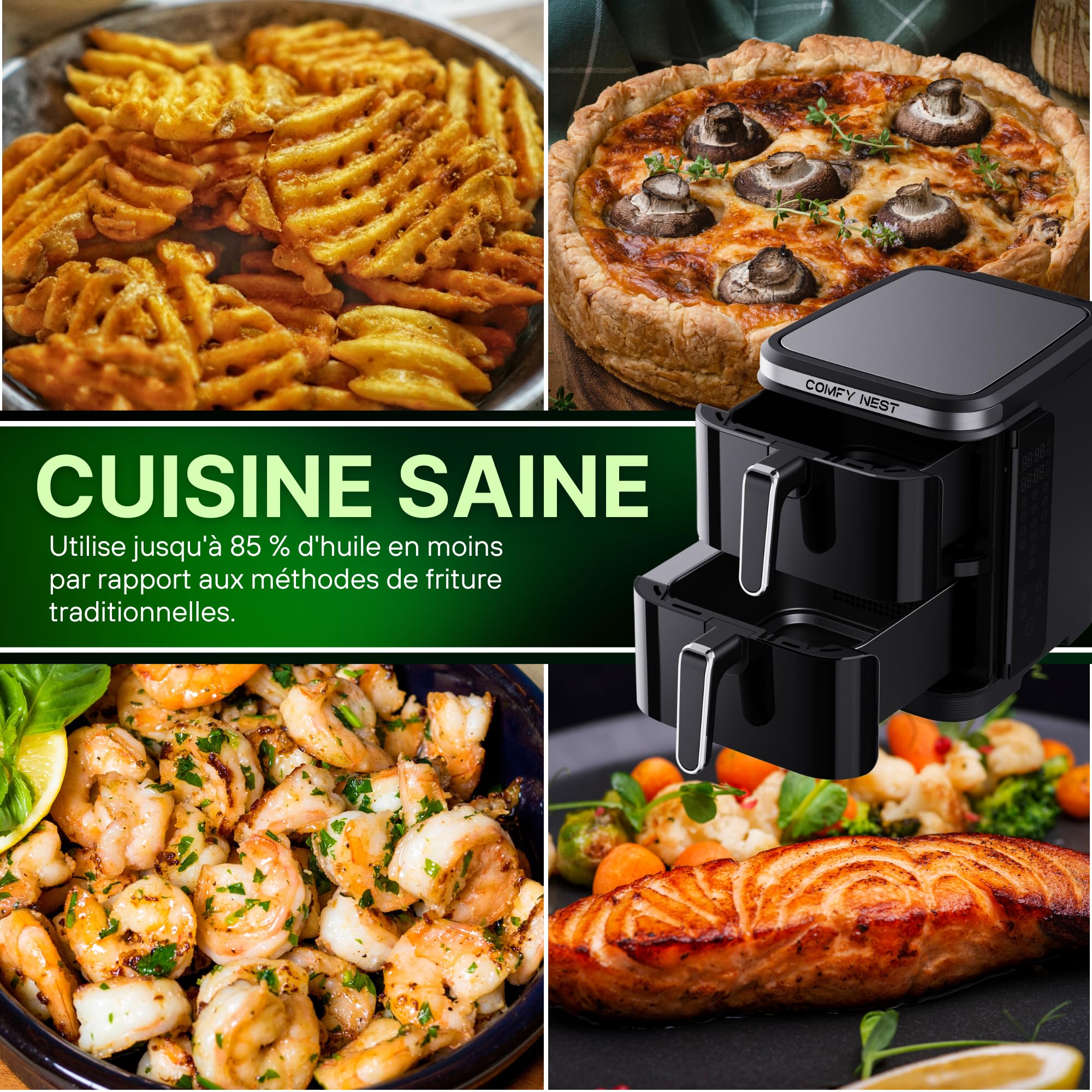 Comfy Nest, Airfryer met dubbele mand van 11 liter, Airfryer, gelijktijdig koken, digitaal touchscreen, Rapid Air-technologie, verbeterde veiligheid, gemakkelijk schoon te maken - 5,5 liter, Zwart