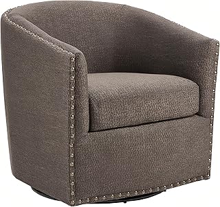 Madison Park Swivel Barrel Accent Chair, Upholstered Curved Back with 7-Inch Thick Woven Cushion, 360° Swivel, Nailhead Trim, Comfy Chair for Living Room, Bedroom, Office, 28" Wide, Chocolate, Tyler
