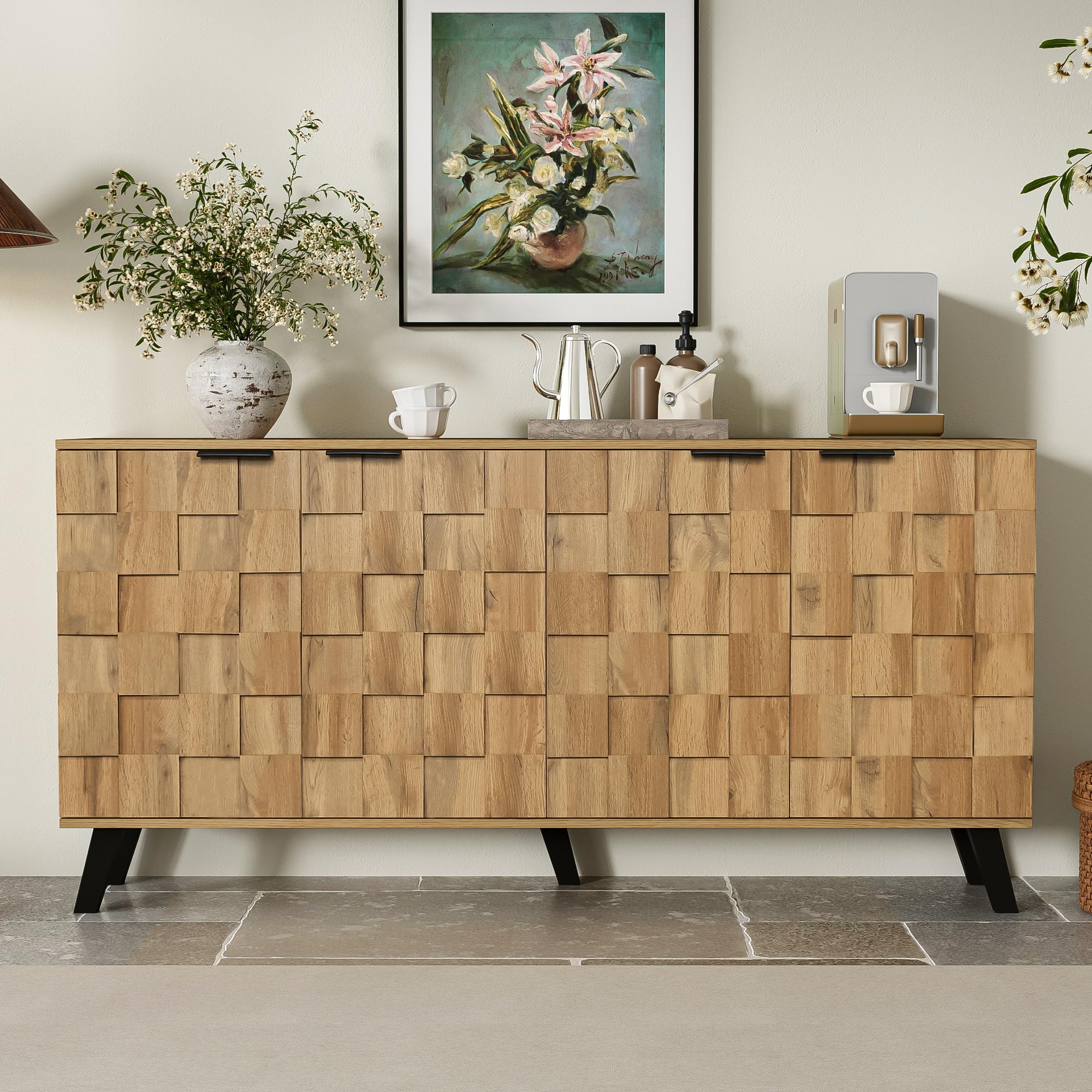 ModernLuxe Sideboard Cabinet with 4 Geometric Wood Effect Doors, Storage Unit with Matte Black Handles & Legs, Modern Sideboard Cupboard for Living Room, Dining Room and Bedroom, 150×35×78 cm — image 1