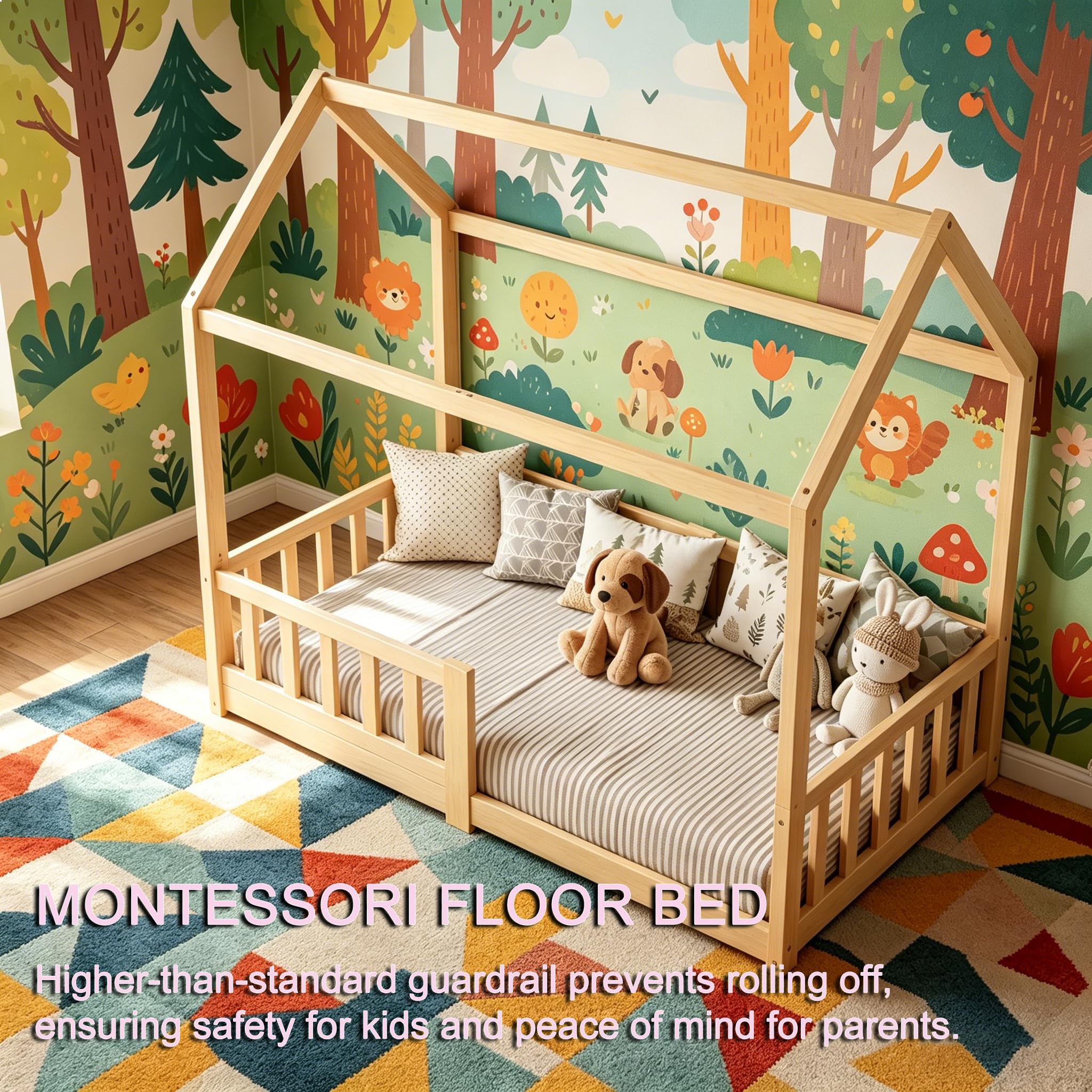 Bodenbett 70x140 cm Montessori Kinderbett mit Rausfallschutz & Lattenrost Kiefer Massivholz bis 100 kg belastbar für Jungen Mädchen Kinder Bett