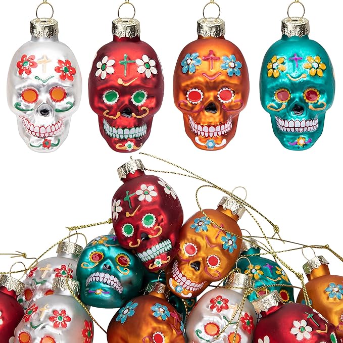 12pcs Day of The Dead Glass Ornaments - Dia De Los Muertos Sugar Skull Ornaments - Halloween Hanging Skeleton Head Ornament for Christmas Tree Hanging Decorations