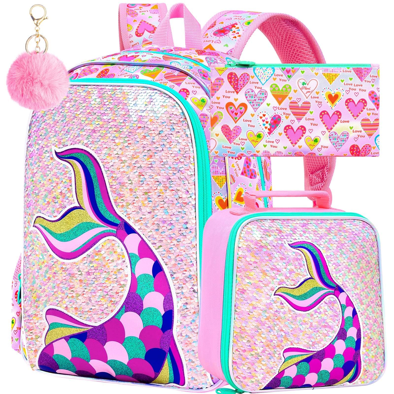 CCJPX 16" Mermaid Backpack for Girls, 3Pcs Kids Sequin Bookbag with Lunch Box, Water Resistant Elementary School Bag for Kindergarten Preschool Toddler (Pink)