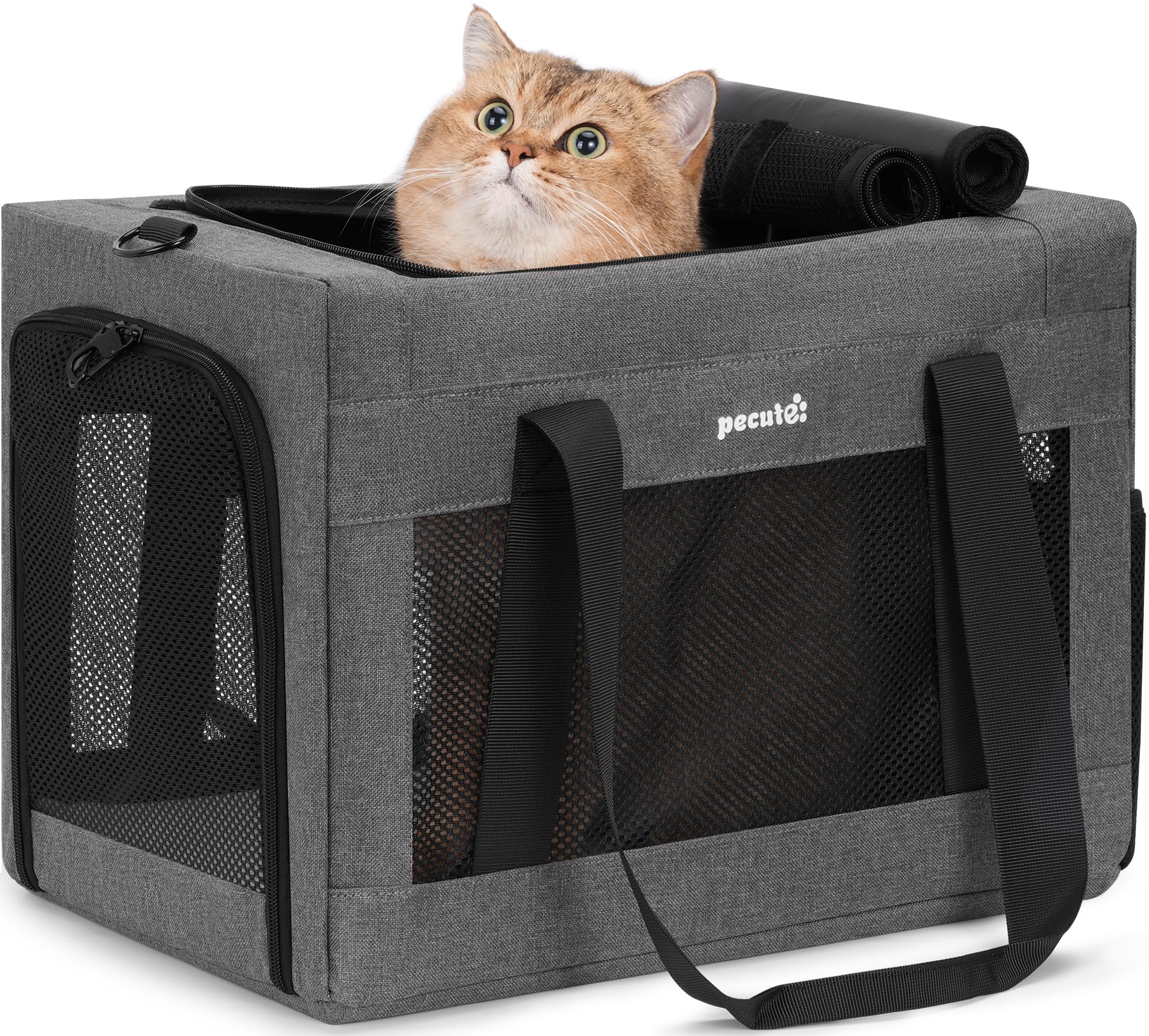 pecute Transportín para Gatos Pequeños,Grandes Transportin Gato Estable,Transpirable, Bolsa Transportadora para Coche, Viajes y Veterinario, Adecuada para Gatos y Cachorros de hasta 5 kg, Gris