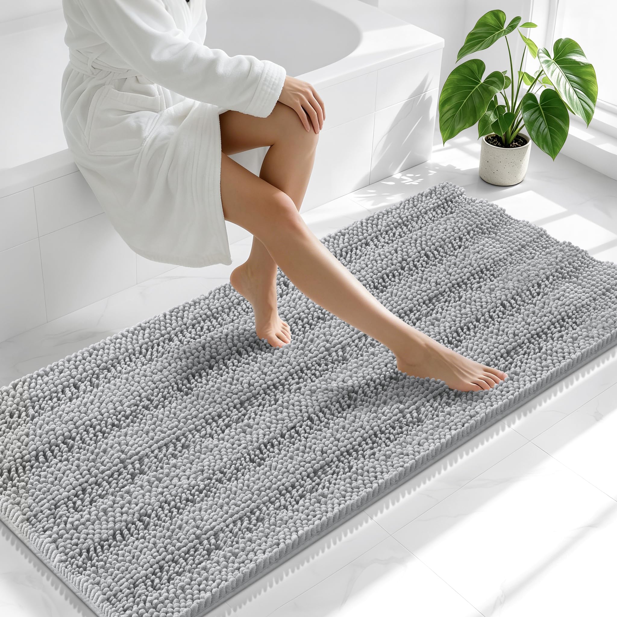 Smiry Thick Chenille Bathroom Runner Rugs 59x24, Soft Bath Mat, Light Grey