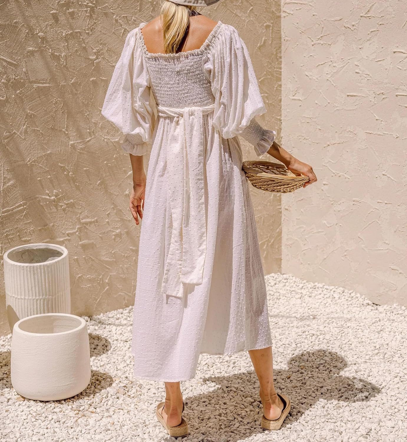 R.Vivimos Women's Summer Boho Cotton Puff Sleeve Dress Swiss Dots Lace Up Smocked Casual A-Line Flowy Midi Dress - Image 2