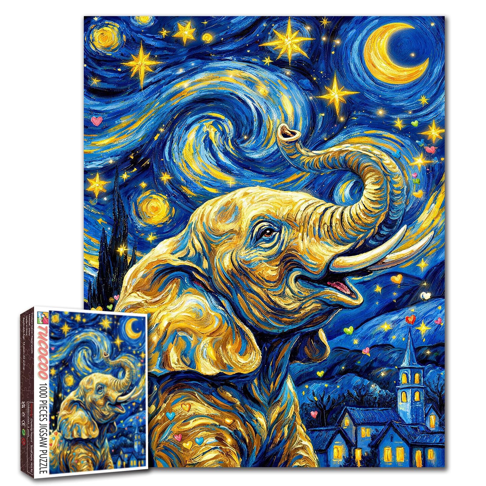 Elephant Starry Night Jigsaw Puzzle 1000 Piece Puzzles for Adults and Beginner Animal Painting Artwork Puzzles Farmhouse Decor Challenging Family Activity Games Colorful DIY Craft Gifts 20×27 Inches — image 1