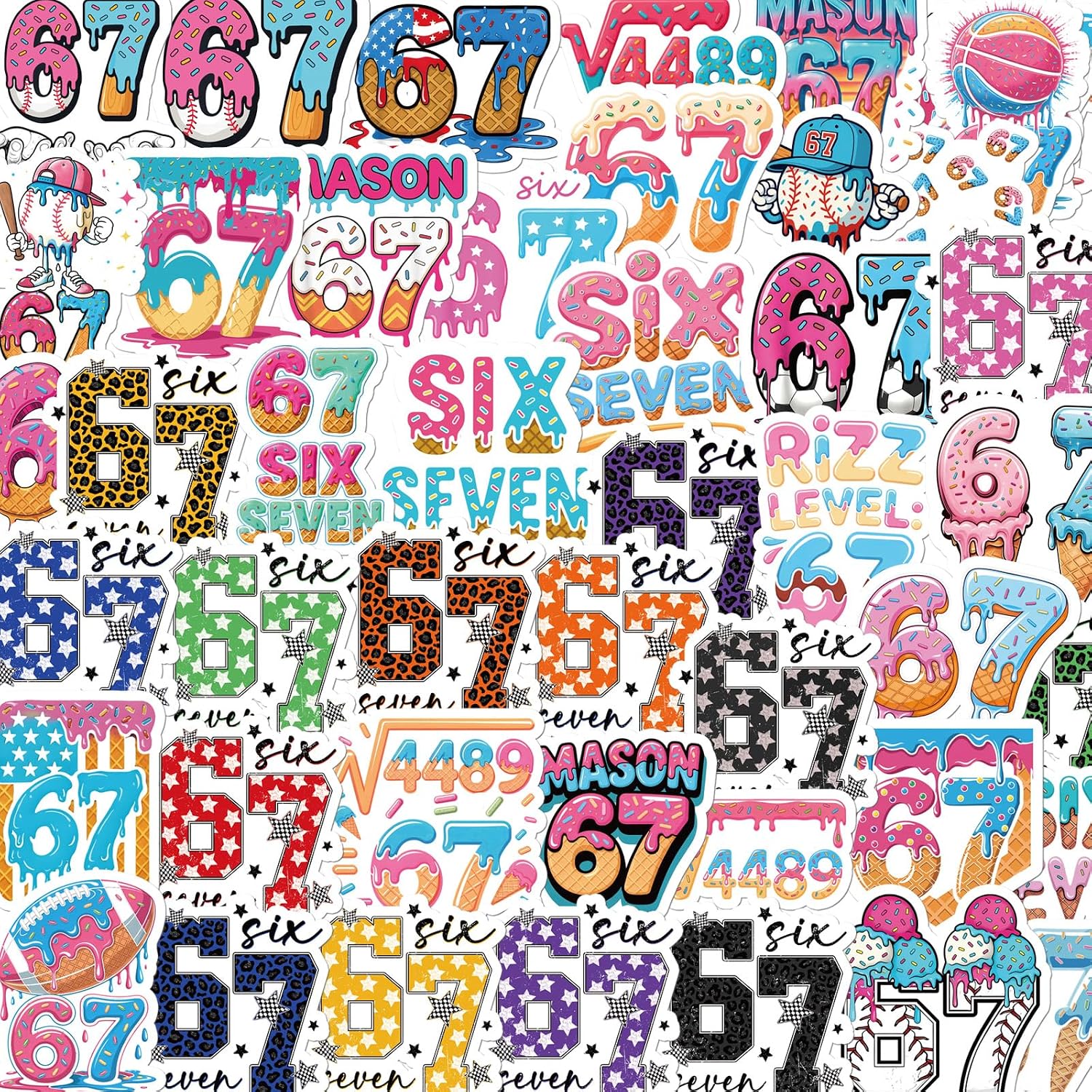 Six Seven 67 Stickers - 50 Pcs Funny 67 Water Bottle Stickers, Softball Football Scrapbook Decals for Luggage Laptop Journal, Waterproof Vinyl Gift for Adult