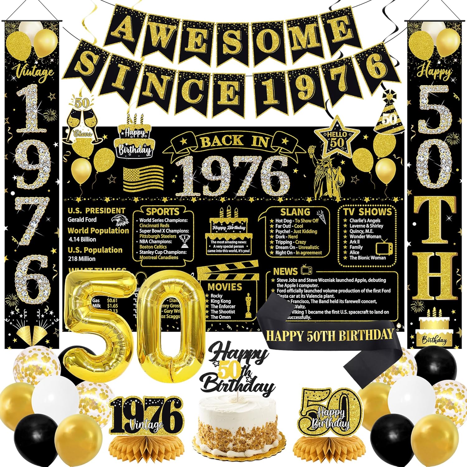 Roetyce 50th Birthday Decorations Men Women, Black Gold Back in 1976 Poster Backdrop Balloons Hanging Swirls, Happy 50th Birthday Sash Door Banners, Awesome Since 1976 50 Years Old Party Supplies