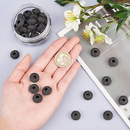 Miniatura 3 de NBEADS Alrededor de 50 cuentas de lava de 0.610in, cuentas europeas de gran agujero negro natural Rondelle sueltas de lava para hacer joyas