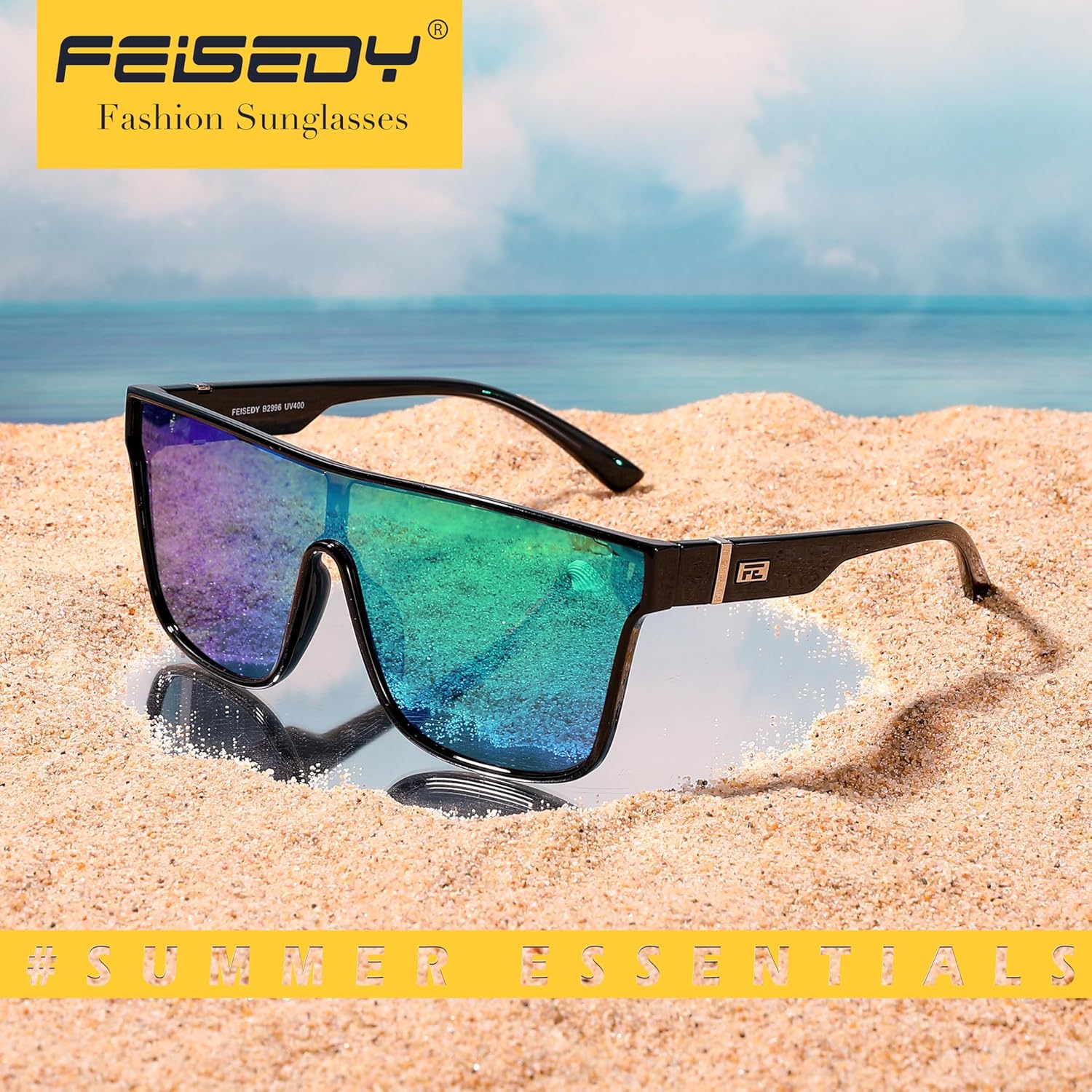 FEISEDY Sunglasses for Women Men, Fashion Mirrored Single Lens, Driving Beach Sunnies UV400 Shades B2996 - Image 7