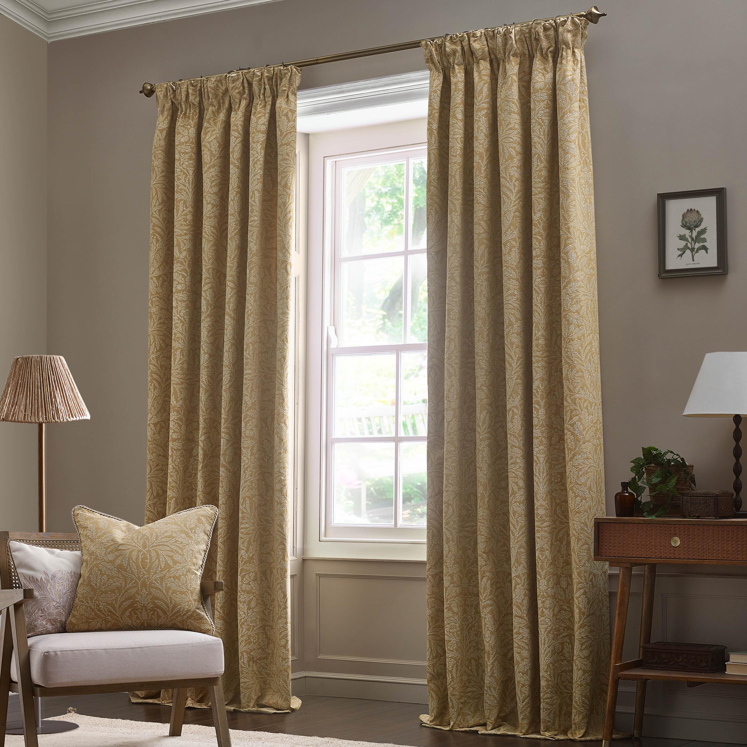 Morris&Co. Acorn Tonal Pencil Pleat Curtain Pair - Lined Matt Jacquard Drapes with Botanical Floral Design (Gold - 168x137cm) - Image 2