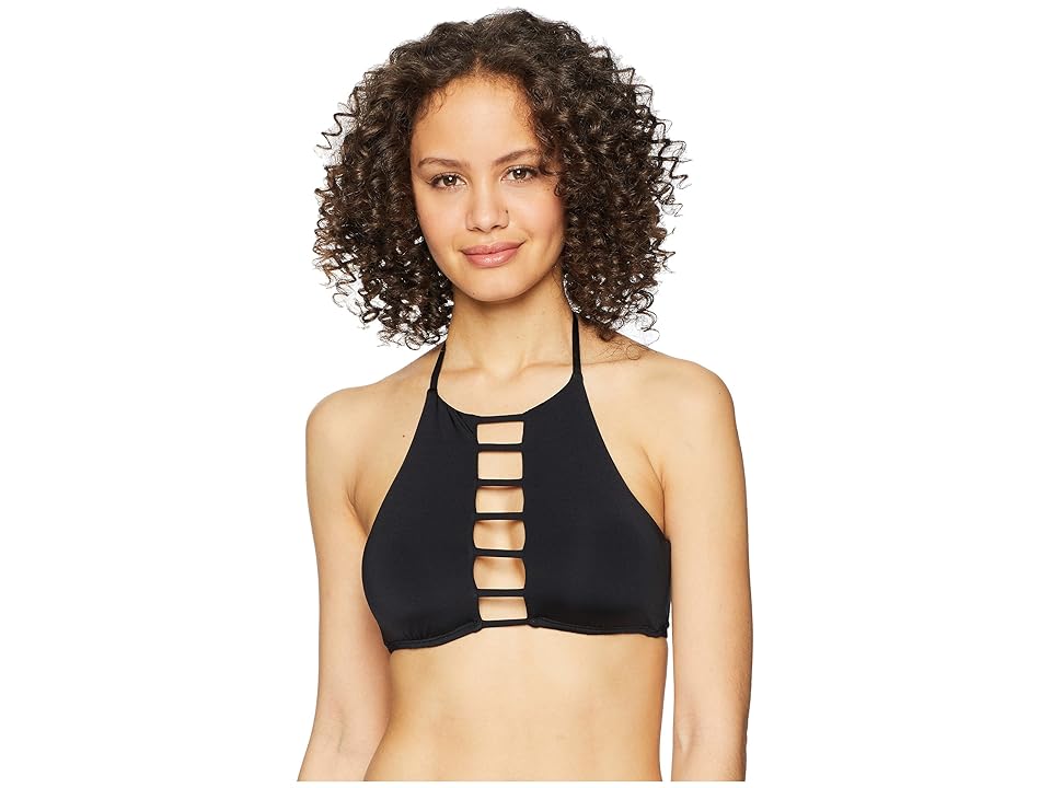 

THE BIKINI LAB Solid Strappy High Neck Bikini Top (Black) Women's Swimwear