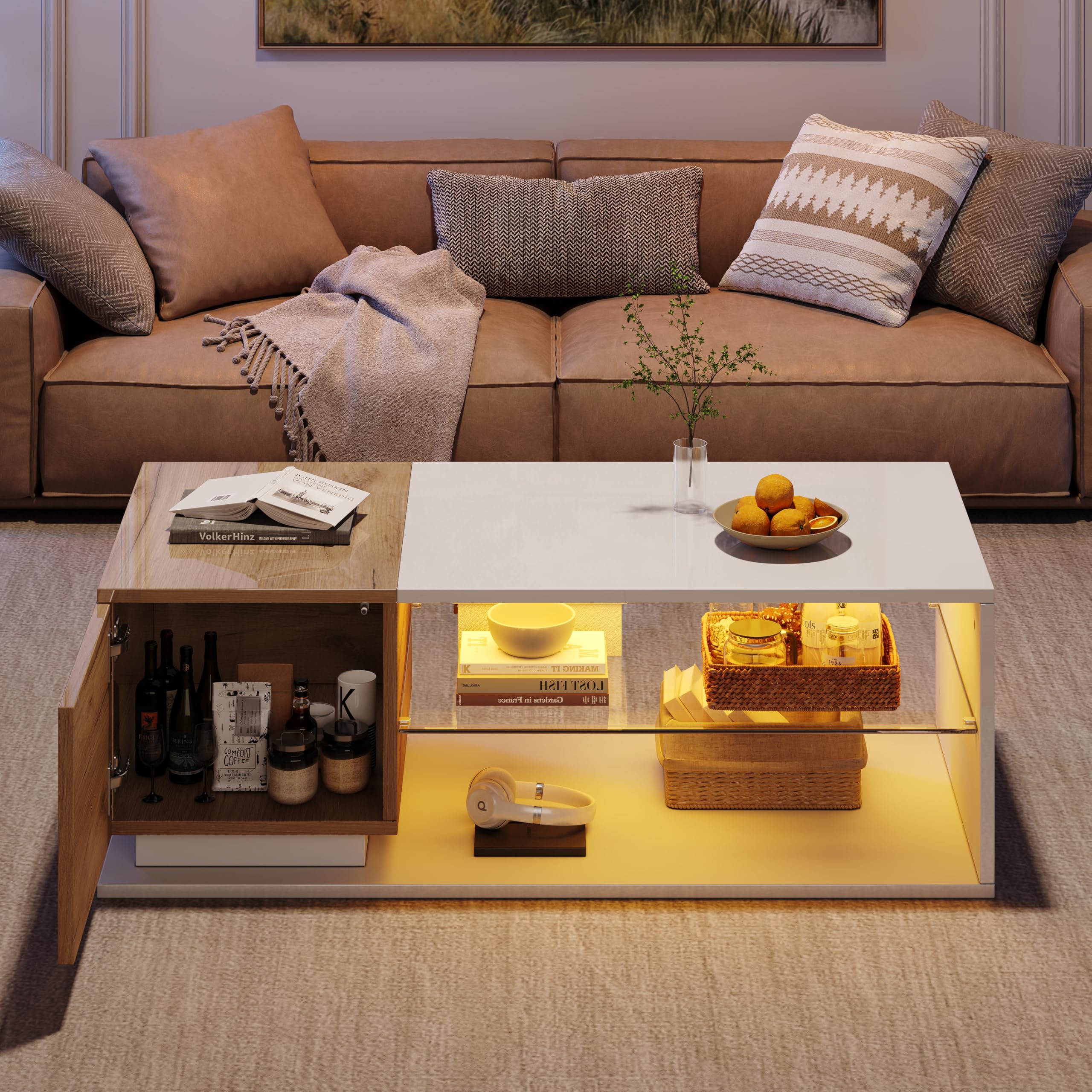 Merax LED Coffee Table, White Centre Table with Open Storage, High Gloss Centre Table with Glass Shelves, Sofa Side Table with 1door, for Living Room, Office, White+Wood, 105x50x33cm