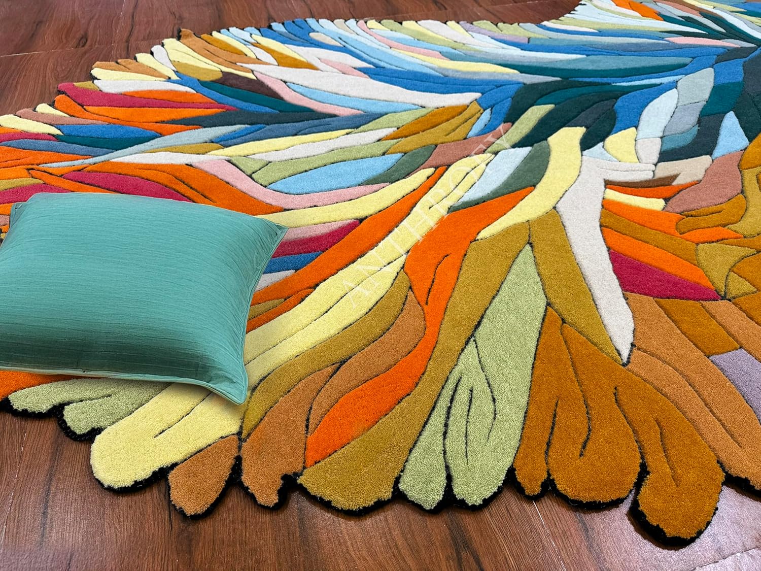 Irregular Shape Wool Area Rug – 6’ x 9' – Handmade - Unique Contemporary Botanical Design – Thick & Soft Rugs for Living Room, Bedroom – Anti-Skid – Non-Slip Backing with 100% Cotton