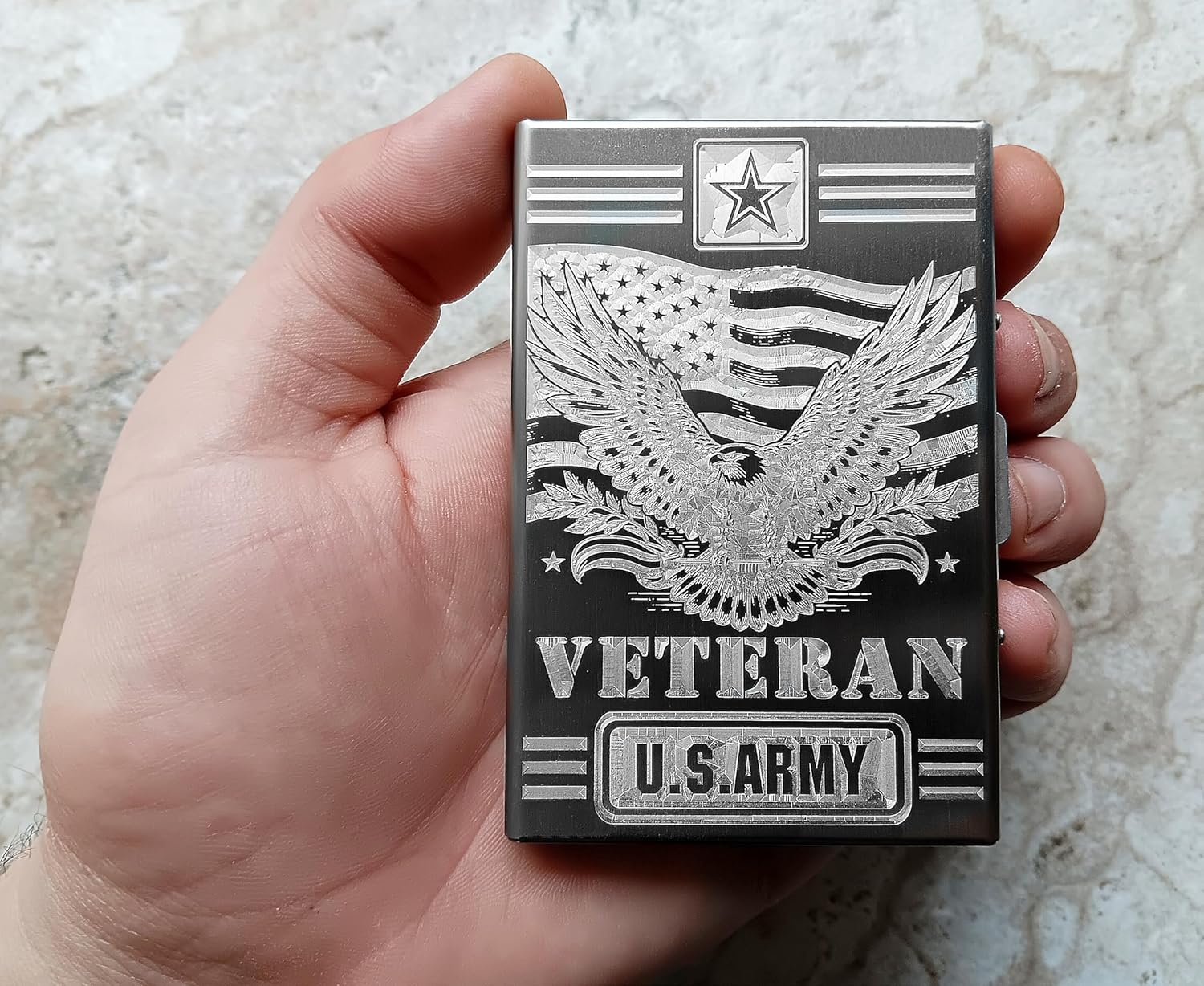 US Veteran Army Military Wallet Card Holder RFID Blocking Engraved Custom Text Stainless Steel Case with Release Button Unique Gift DS-9