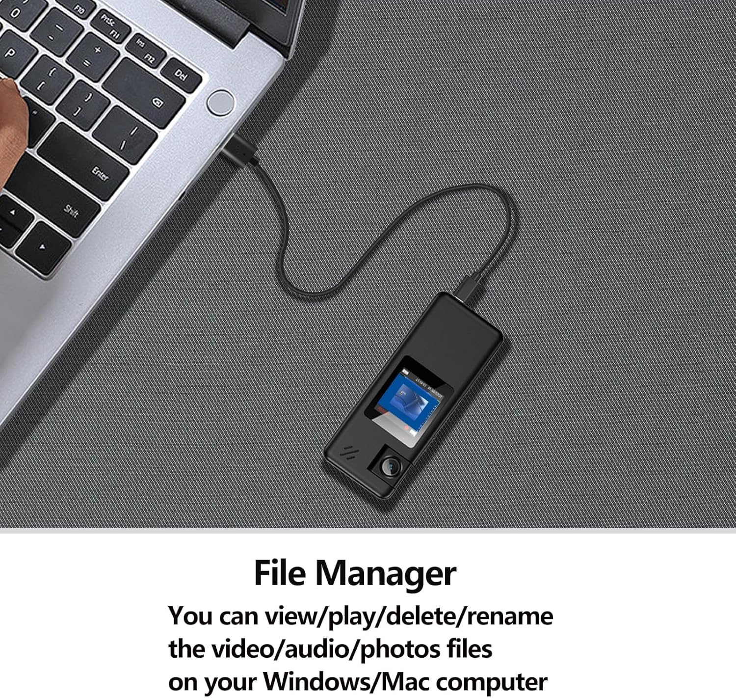 The Hoestr A32 Body Camera connected to a laptop via USB-C cable, with text 'File Manager: You can view/play/delete/rename the video/audio/photos files on your Windows/Mac computer'.