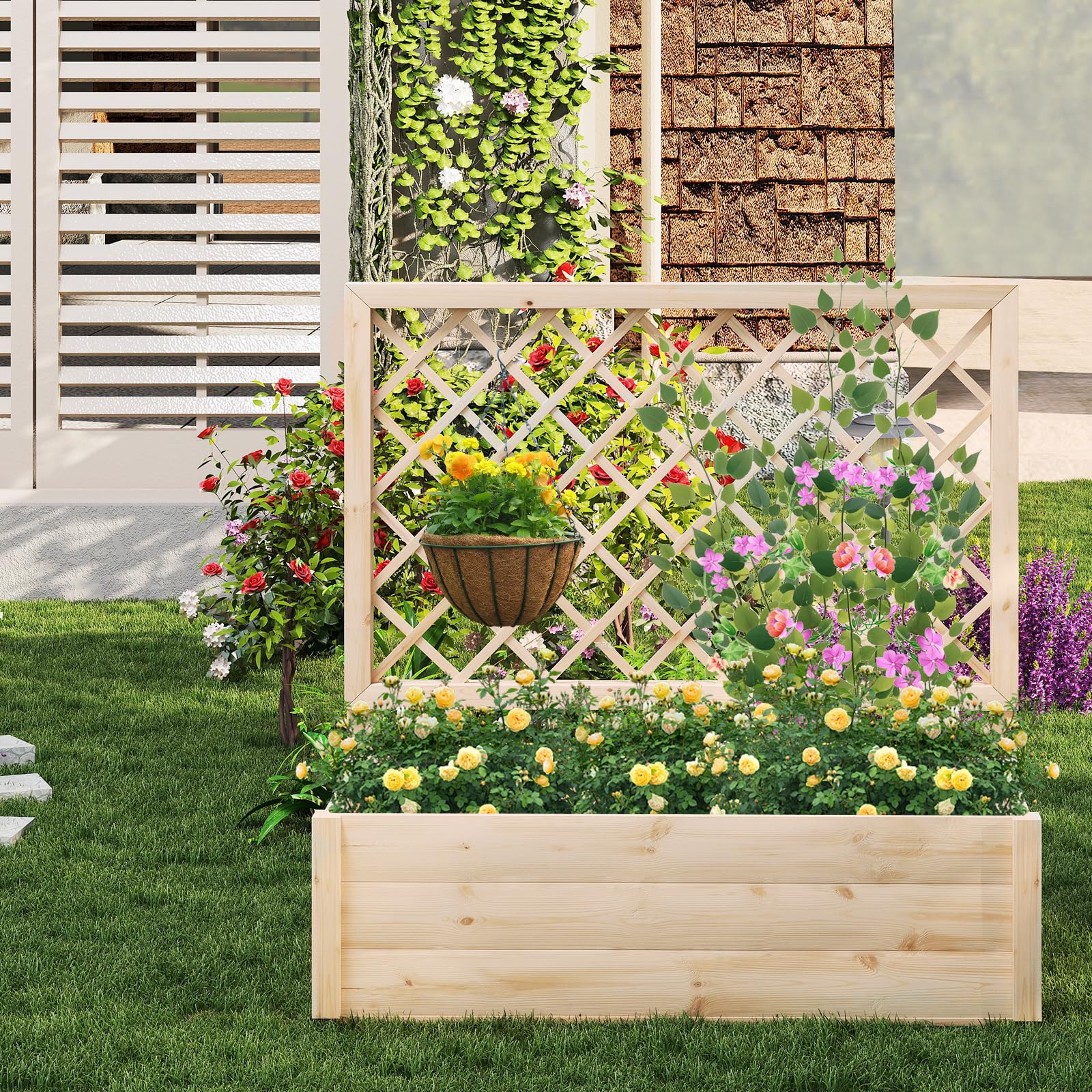 GOPLUS Jardinera Elevada de Madera, con Enrejado y Drenaje, Cama de Jardín para Enredaderas Flores, Hierbas, Verduras y Frutas, Maceta para Interior Exterior Patio Terraza (98x38x101cm)