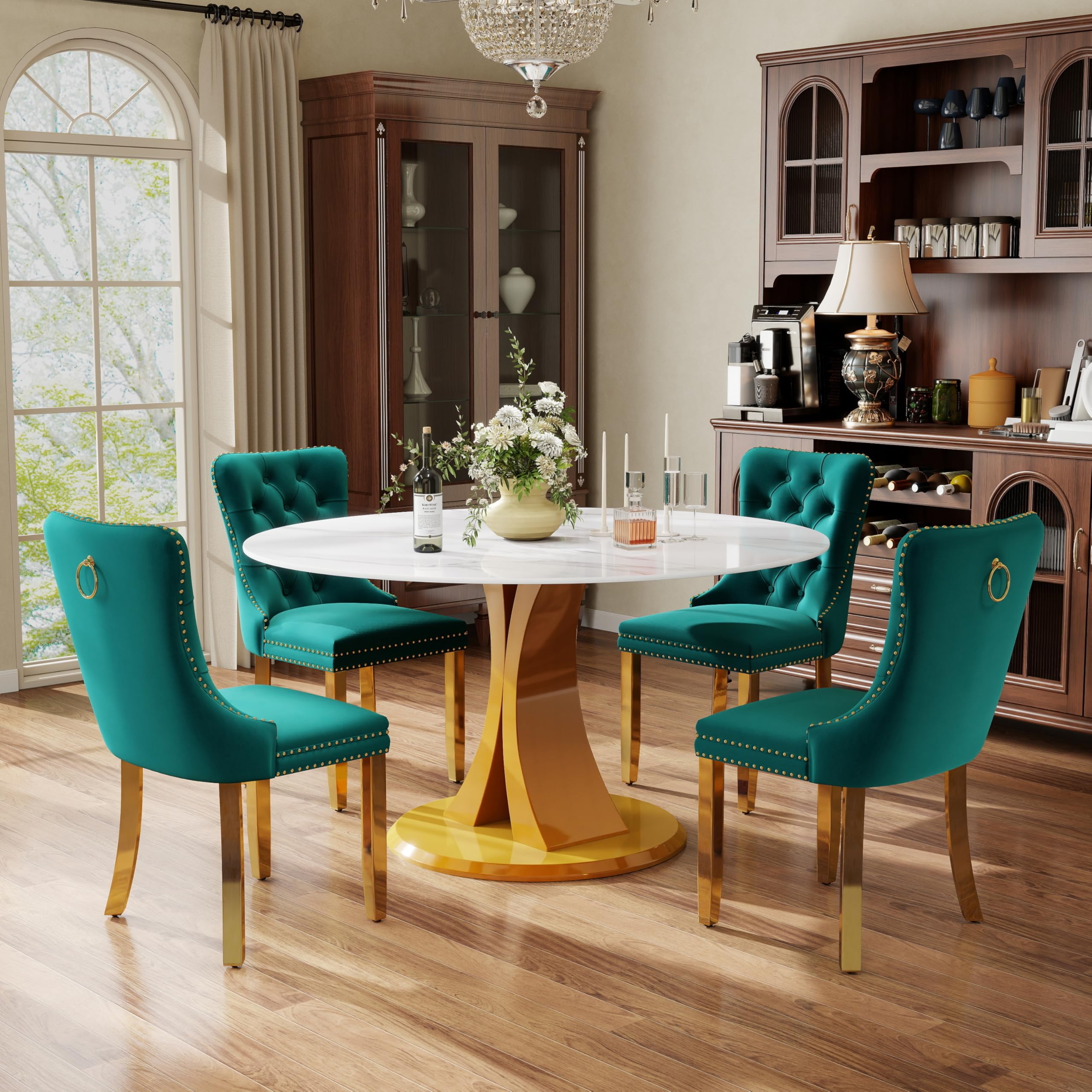 5-Piece Dining Table Set with 47In Faux Marble Table and 4 Velvet Upholstered Chairs, Modern Scandinavian Furniture for Dining Room Kitchen(Green&amp;Gold)