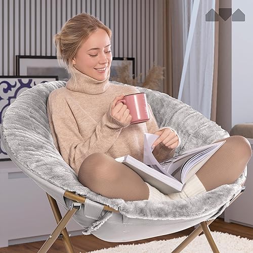 Miniatura 44 de Milliard - Silla acogedora con diseño de platillo, de pelo sintético, para dormitorio, tamaño extragrande (color blanco) Beige,Negro -,Negro +