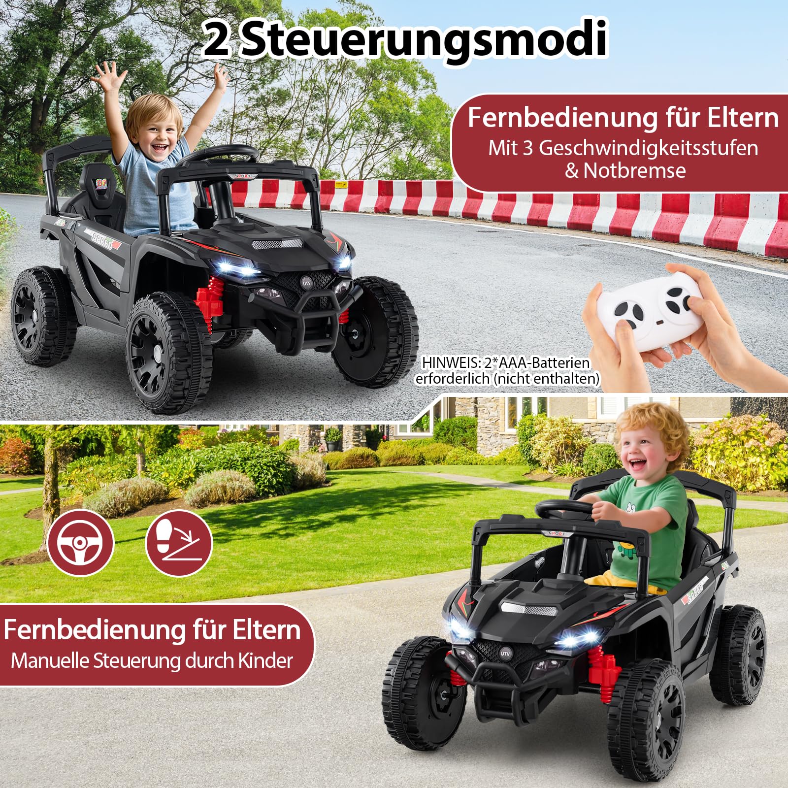 COSTWAY 12V Elektroauto Kinder, Elektrischer UTV-Truck mit Fernbedienung, 3 Geschwindigkeiten, LED-Lichter, Musik, Hupe & Federung, Kinderauto Kinderfahrzeug für Jungen & Mädchen ab 3 Jahren (Schwarz)