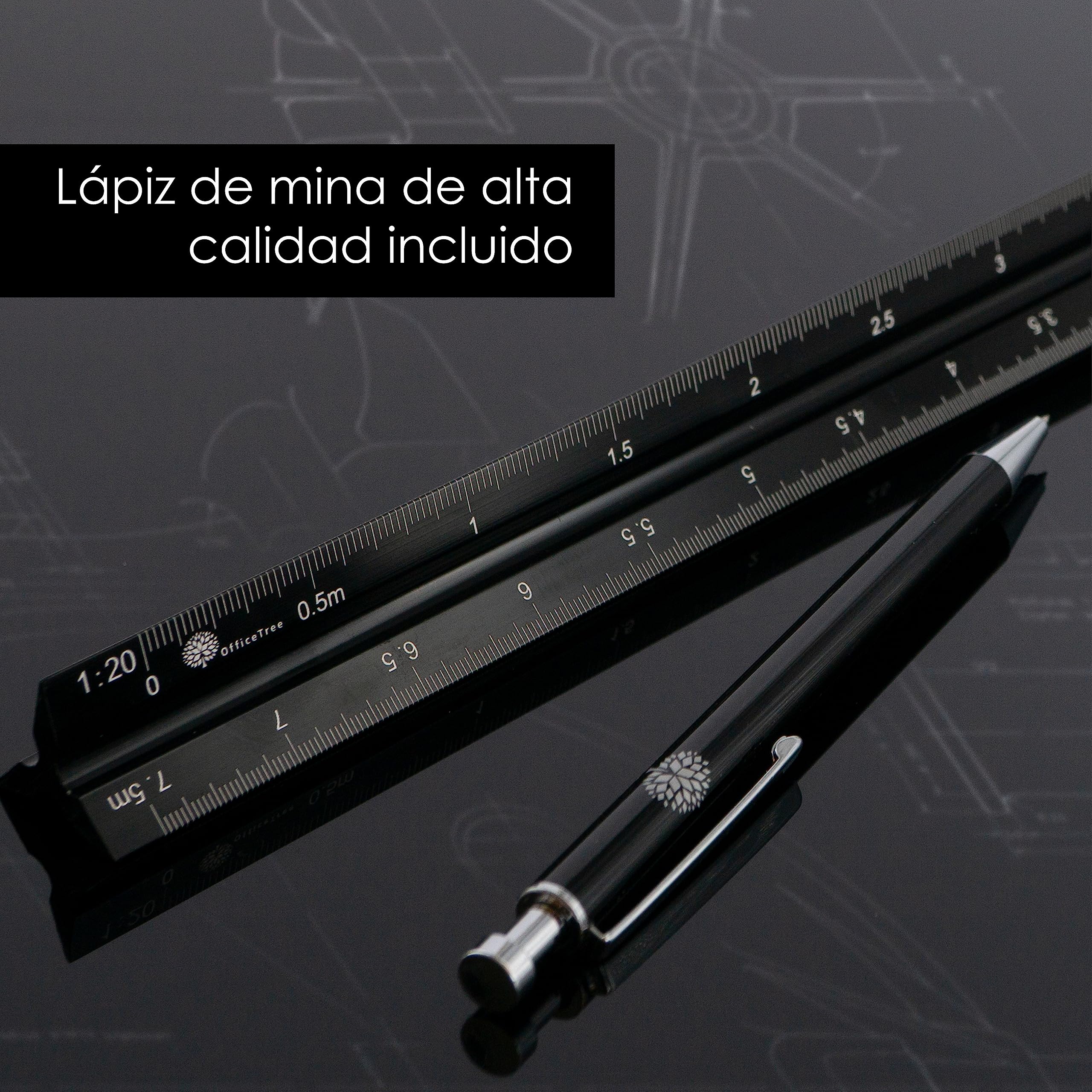 OfficeTree Escalimetro Profesional incl. Portaminas - Regla Triangular 30cm - Escalímetro Escala 1/50 hasta 1/125 - Regla Aluminio - Regla 30 cm - Regla Dibujo Tecnico - Escalimetros