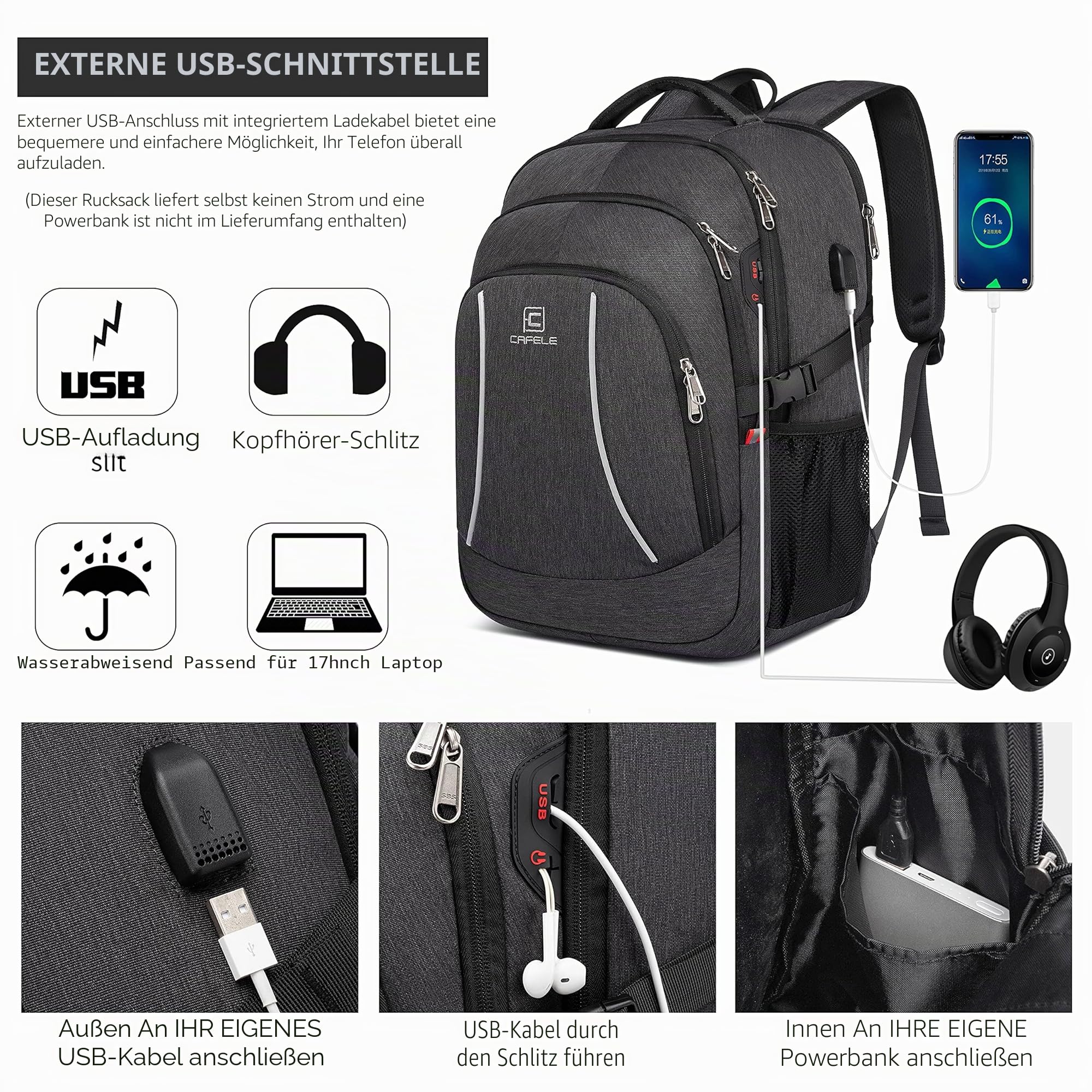 Cafele Rucksack, 17,3-Zoll Reise Laptop Rucksack, RFID Anti-Diebstahl Tasche Universitätsrucksack, wasserdichter Schulrucksack, geeignet für junge Männer und Frauen, grau
