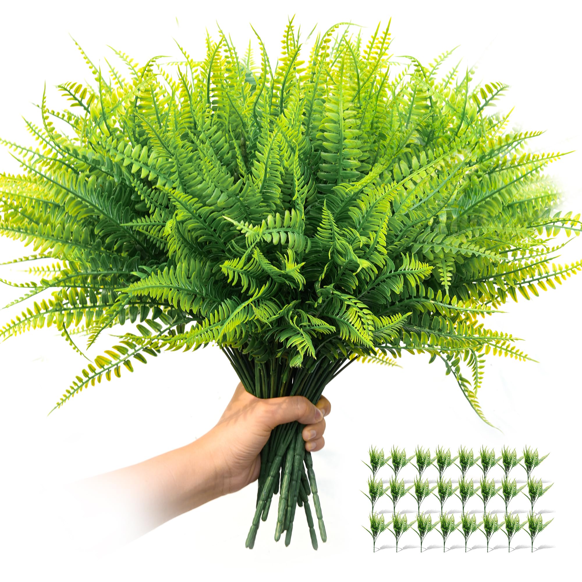 24 Pcs Artificial Boston Ferns Fake Plants for Outdoors, Faux Plants Indoor Greenery Stems and Leaves Shrub Branches, UV Resistant Plastic Fake Fern Plant Bulk for Porch Hanging Planter Window Decor