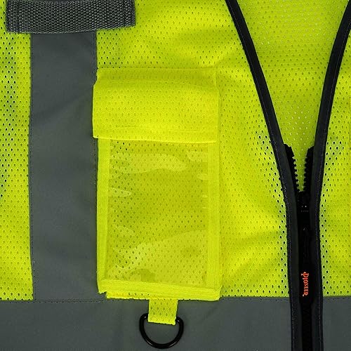 Miniatura 9 de Pioneer Chaleco de seguridad para hombre, malla reflectante Hi Vis, 9 bolsillos, cremallera, construcción, tráfico, trabajo de seguridad, naranja,