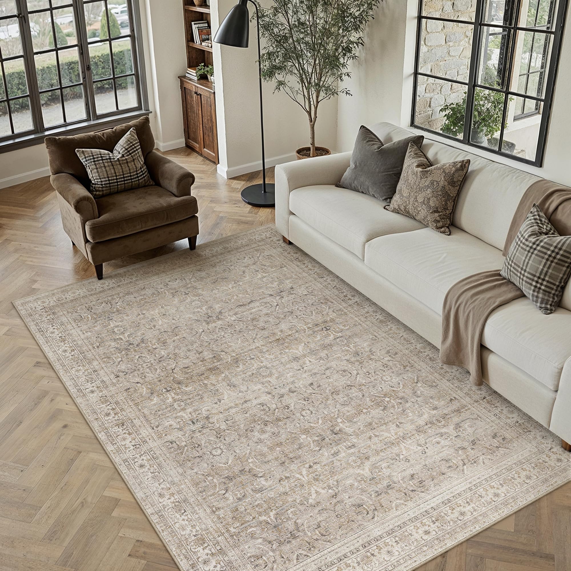 PureCozy Beige Large Washable Rugs Living Room 160x230cm Vintage Area Rugs