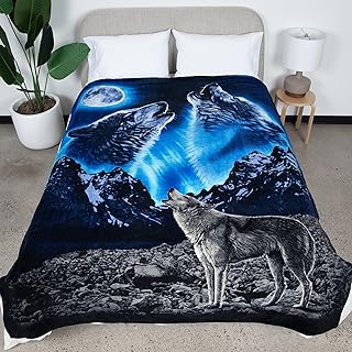 Dawhud Direct II Howling Wolf Fleece Blanket for Bed, 75" x 90" Queen Size Wolf Fleece Throw Blanket for Men, Women, Adults, Teen and Kids - Super Soft Plush Wolf Blanket Throw Native American Decor