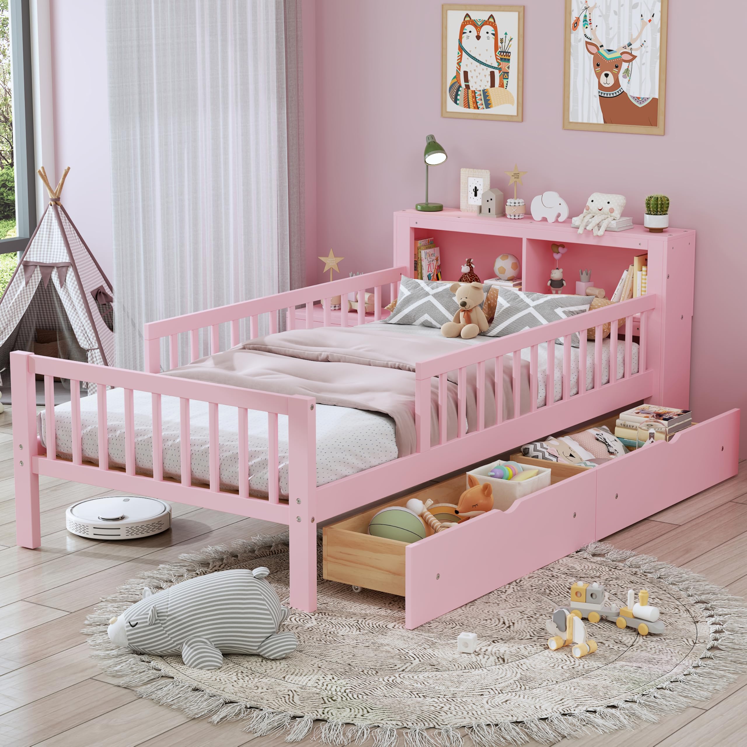LUMISOL Twin Size Platform Bed with Fence and Storage Drawers for Kids, Low Profile Platform Bed with Bookcase Headboard, Modern Design, Pink