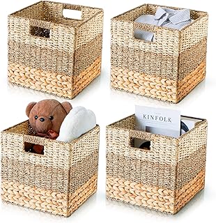Wicker Storage Cubes, 12x12 Storage Cube Bins, Set of 4 Heavy Duty Hyacinth Storage Baskets for Shelves, Natural Foldable Square Baskets for IKEA Kallax, Large Woven Storage Basket, 4 Pack