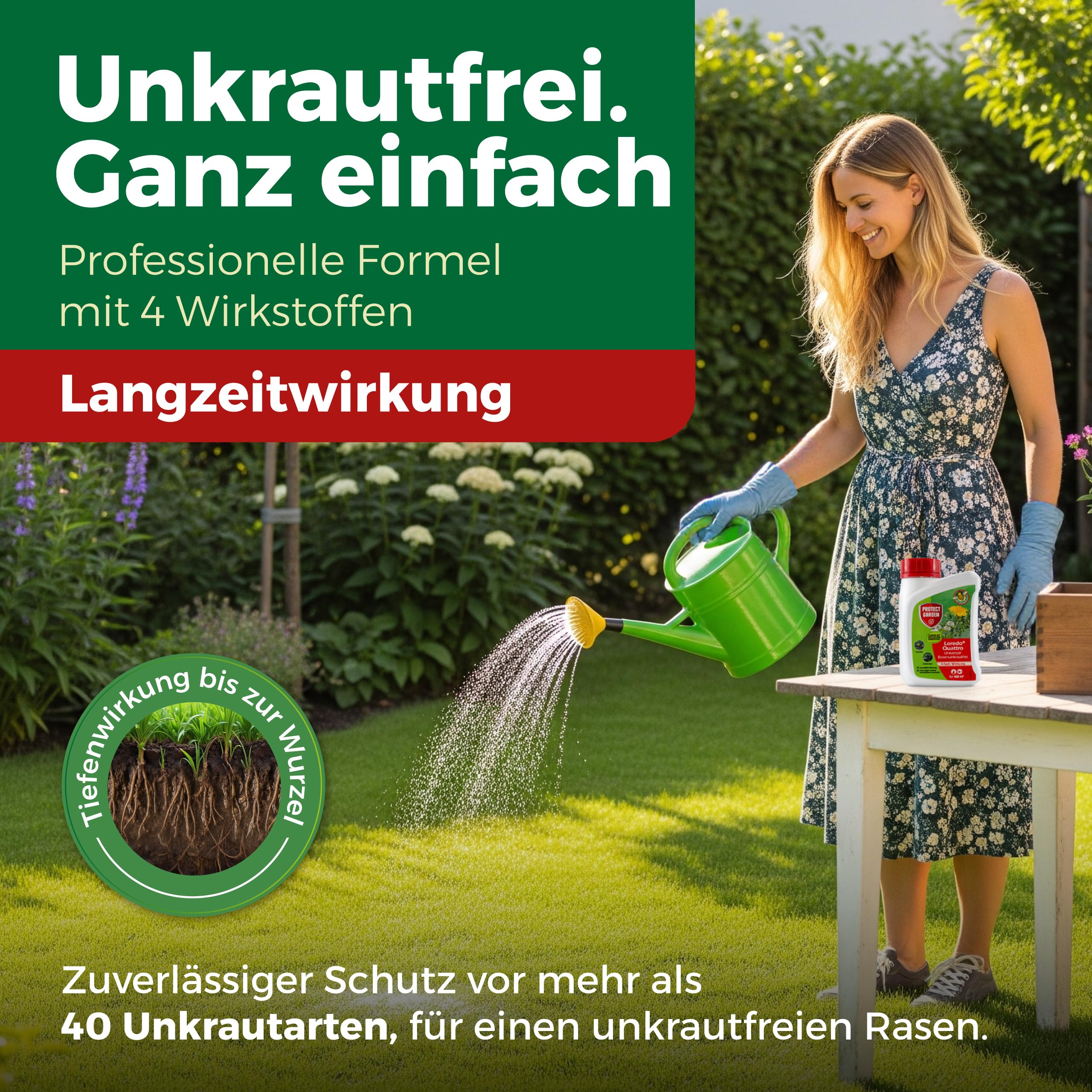 PROTECT GARDEN Universal-Rasenunkrautfrei Loredo Quattro Rasen-Unkrautvernichter gegen hartnäckige Unkräuter mit 4-fach Wirkung, 400 ml