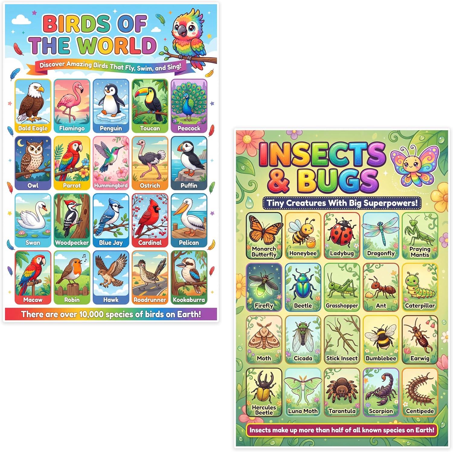 JELLY BEAN GENIUS Animal Posters for Kids 5 Pack (10 Designs) – Double Sided Laminated Educational Set | Safari Ocean Farm Birds Dinosaur Charts for Toddlers Classroom 11x17