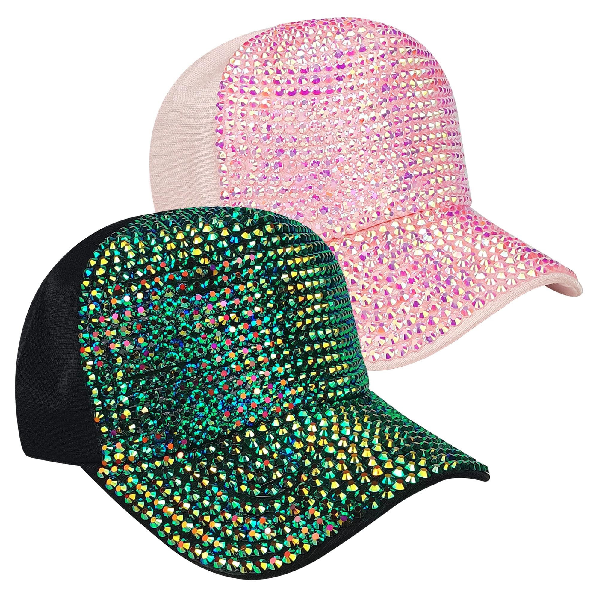 2 Pack Baseball Caps Bling Glitter Women Diamond Studded Rhinestone Adjustable Crystals Shining Twinkling Ladies Travel Sun Party Hat (Green,Pink)