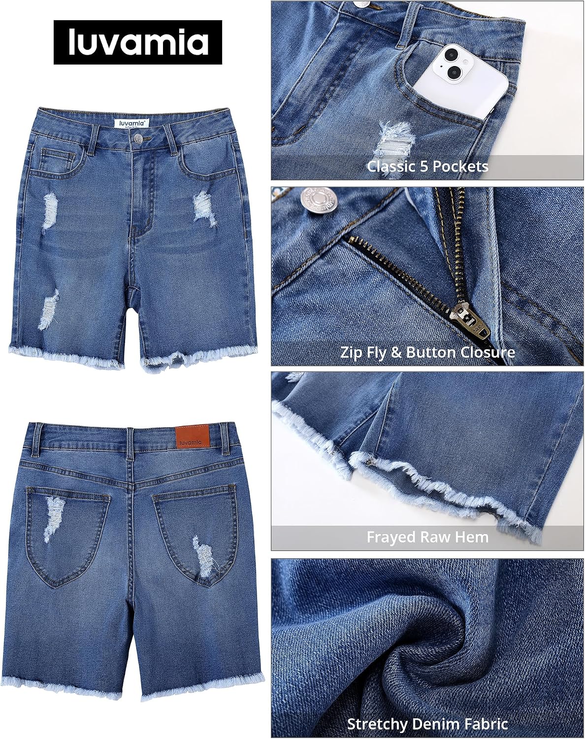 luvamia Jean Shorts for Women High Waisted Trendy Mid Thigh Distressed Ripped Frayed Stretchy Denim Shorts Cut Off Jorts