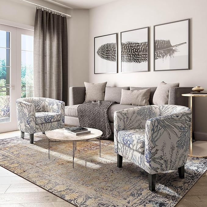 Sillón Barrel Redondo con Brazos, Tela Lino, Azul Coral miniatura 5