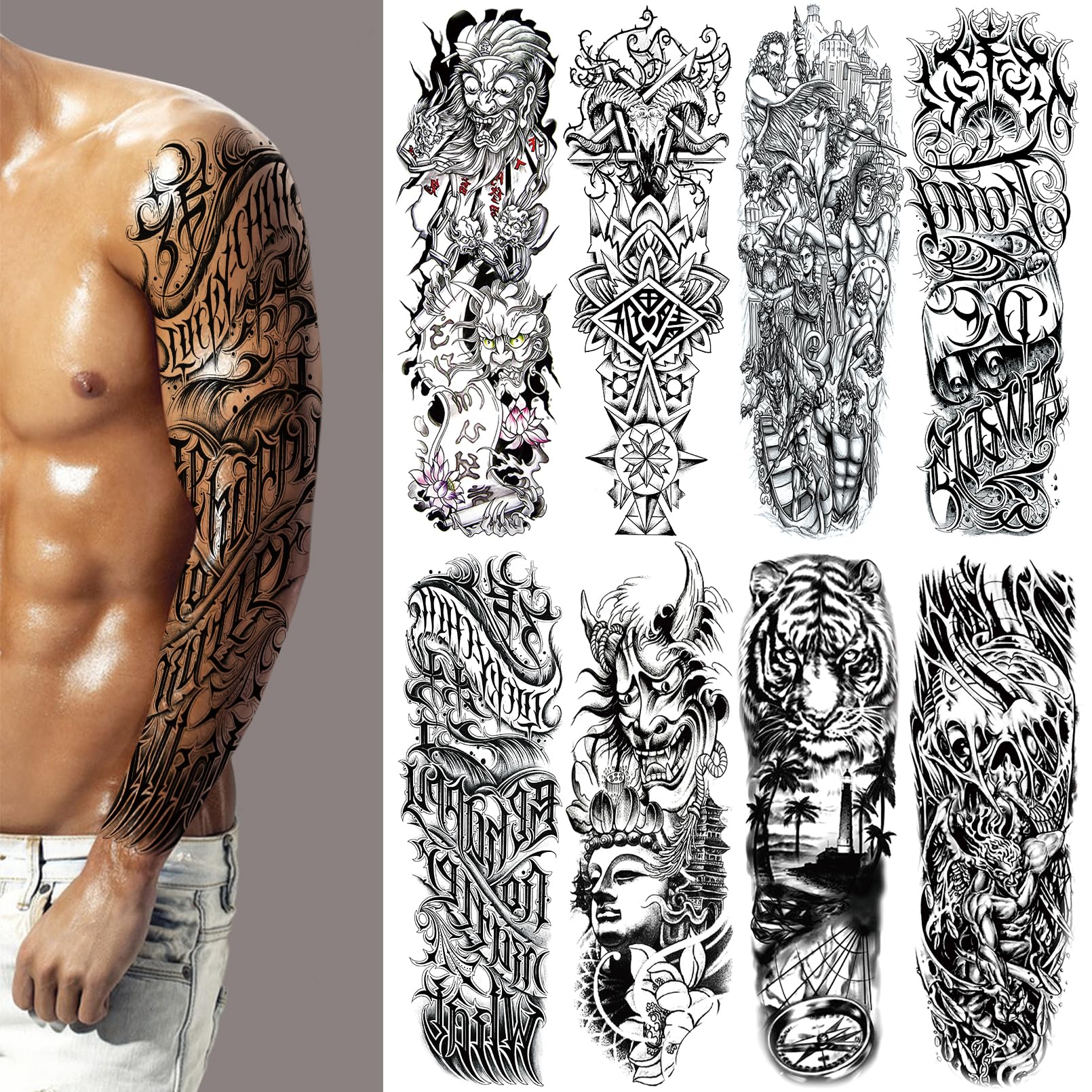 Halloween Full Arm Black Temporary Tattoo for Men, 8 Sheets Millitary Skull Skeleton Military Totem Sleeve Tattoos Temporary, Demon Horrible Fake Tattoos That Look Real, Tigers