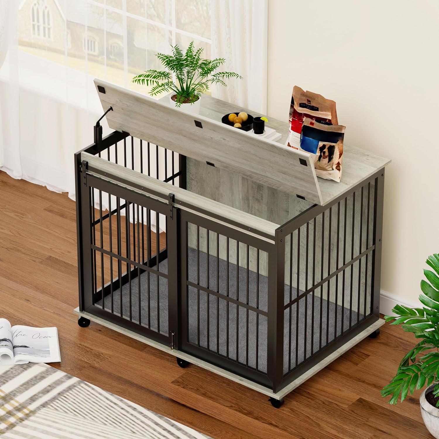 Modern Dog Crate with Table Top, Sliding Iron Door, Grey Metal Frame, Rolling Wheels