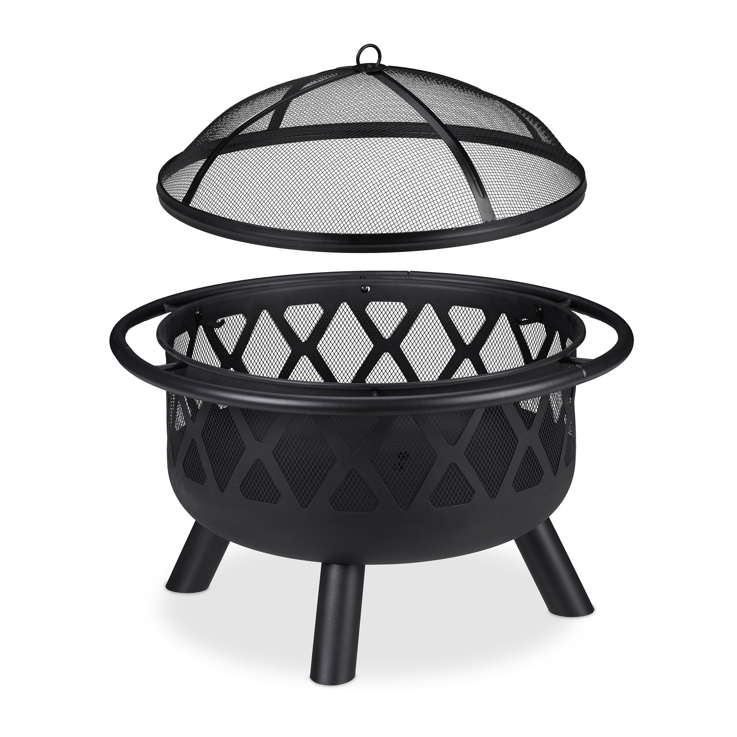 Relaxdays Brasero avec Protection étincelles, Jardin et terrasse, tisonnier, Foyer extérieur, en Acier; D 75 cm, Noir
