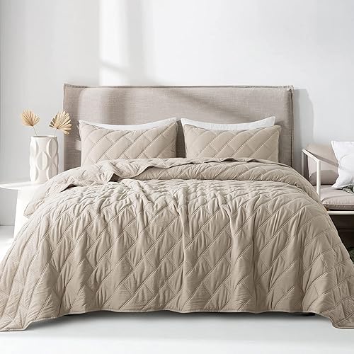 palassio Juego de ropa de cama beige tamaño Queen con fundas de almohada, colcha ligera y suave, manta fina acolchada para todas las estaciones,