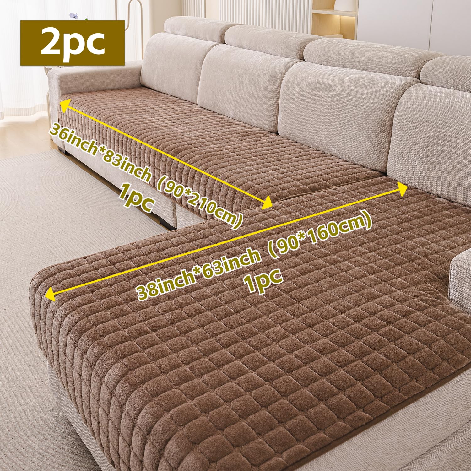 2 StüCk Weicher Flanell-Sofabezug, Premium Rutschfester Sofa üBerzug 1 2 3 4-Sitzer-Couch üBerzugfüR Sektionssofas, Waschbarer L-föRmiger Möbelbezug (Kaffee, 90x160cm Und 90x210cm)