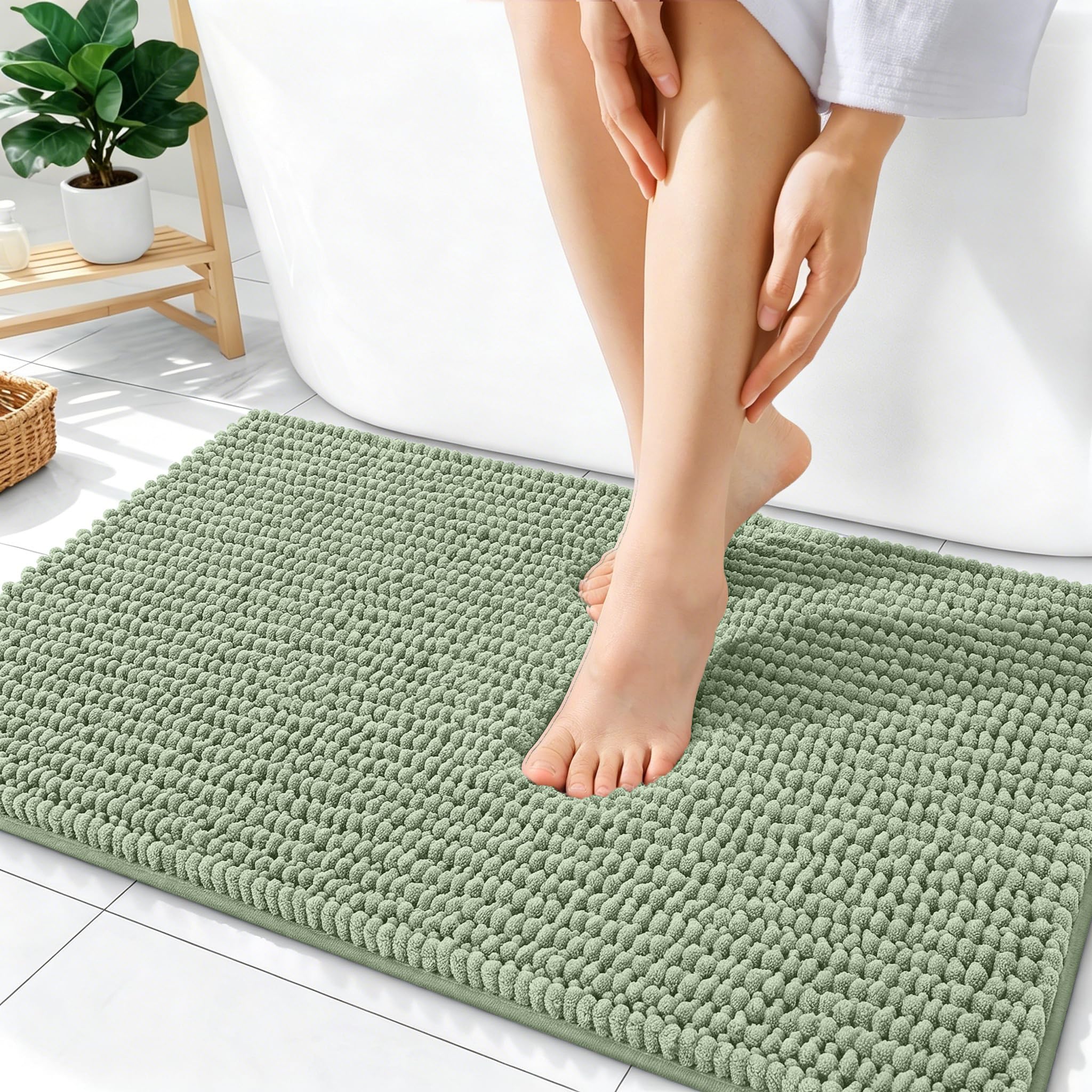OLANLY Thick Chenille Absorbent Bathroom Rugs Mat 36x24, Sage Green