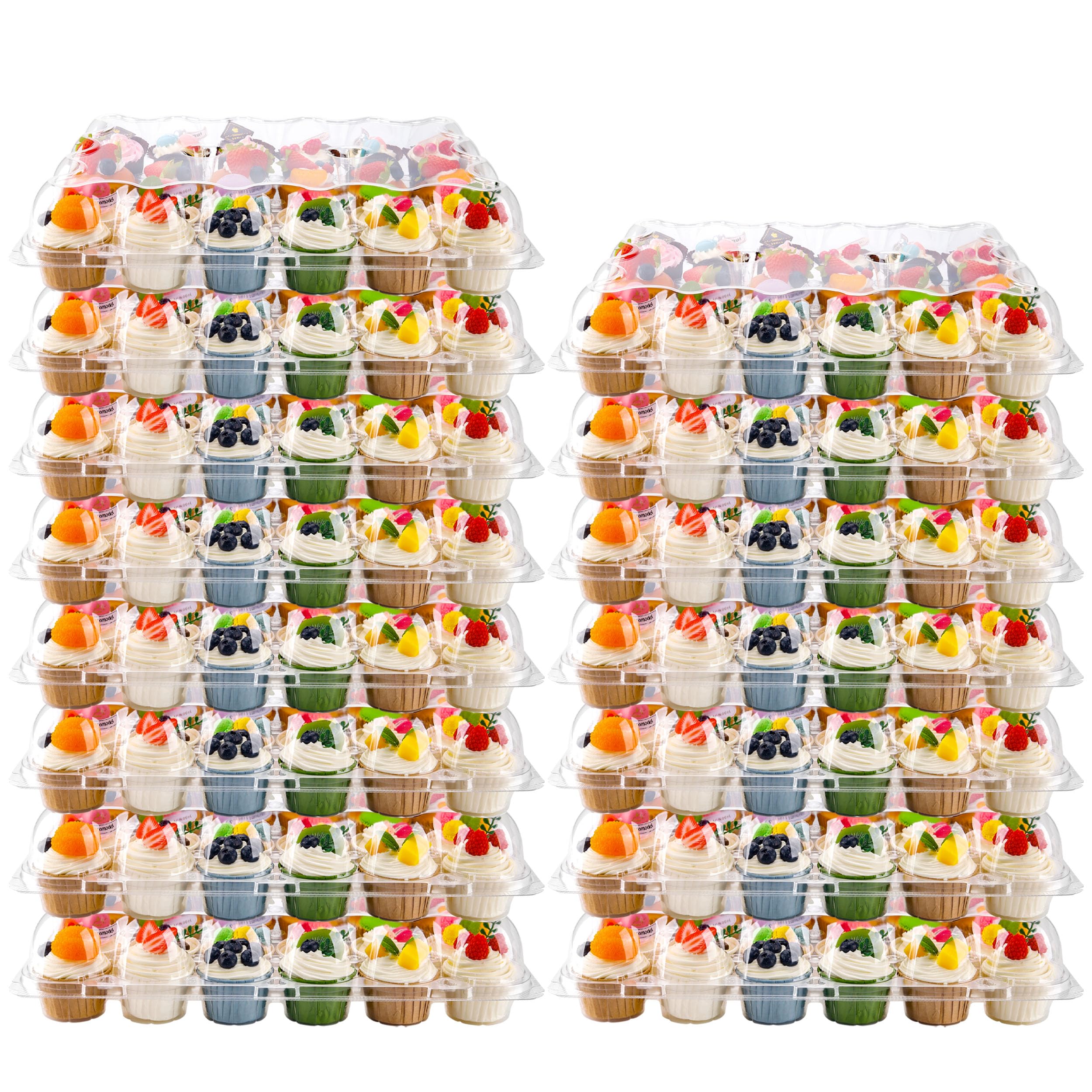 NPLUX 15 juegos de recipientes para cupcakes, 24 unidades, recipientes desechables de plástico transparente para cupcakes con tapas de cúpula alta desmontables, cajas apilables para 360 cupcakes, sin