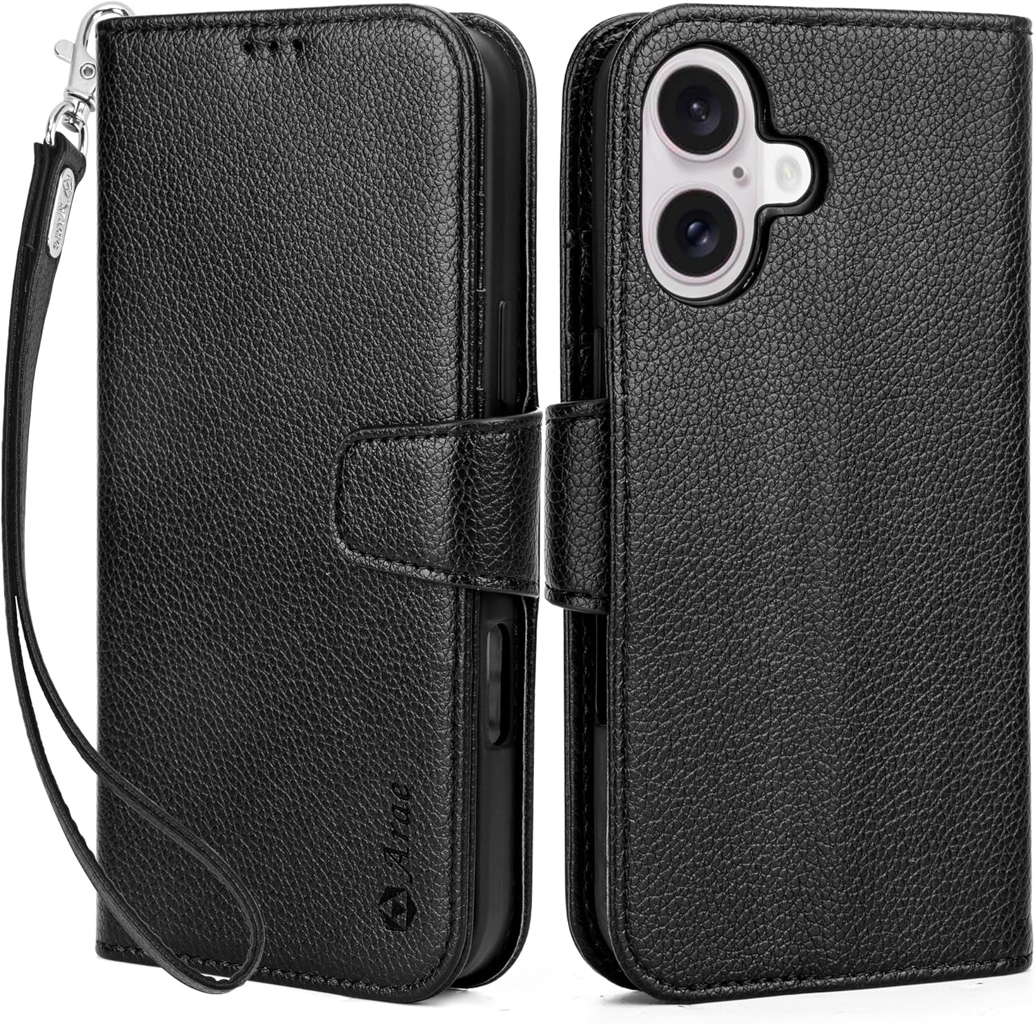 Arae Compatible with iPhone 16 Case Wallet with Card Holder, Wristlet Strap Wallet Flip Cover for iPhone 16 6.1 inch Men/Women, RFID Blocking, Kickstand,Litchi Black